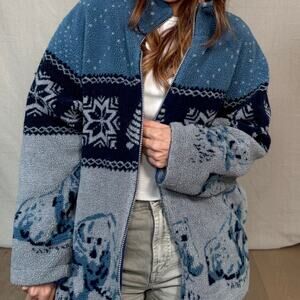 Vintage Polar Bear Fleece Jacket / Nordic Fair Isle Zip-Up